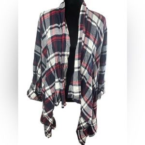 Cato’s Red & Blue Plaid Roll Tab Sleeves Asymmetrical Open front Cardigan shirt